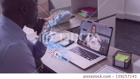Watching man in shirt viewing woman presenting pie chart on laptop at desk, with data swirl Watching man in shirt viewing woman presenting pie chart on laptop at desk, with data swirl 139257143