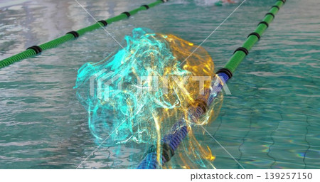 Hovering glowing energy swirl above swimming pool with floating green-and-black and blue lane ropes Hovering glowing energy swirl above swimming pool with floating green-and-black and blue lane ropes 139257150