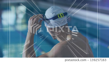 Male swimmer wearing white cap securing goggle strap poolside at lap pool, with HUD graphic overlay Male swimmer wearing white cap securing goggle strap poolside at lap pool, with HUD graphic overlay 139257163