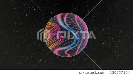 Floating colorful abstract orb hovering in star-speckled outer space, with neon wavy bands Floating colorful abstract orb hovering in star-speckled outer space, with neon wavy bands 139257194