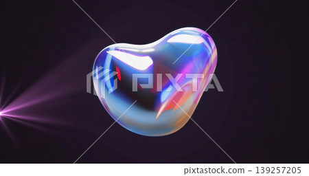 Floating iridescent amorphous bubble shifting colors in dark digital studio, with purple light beam Floating iridescent amorphous bubble shifting colors in dark digital studio, with purple light beam 139257205