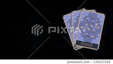 Showing three purple zodiac cards labeled ZODIAC against void, celestial fish motifs, copy space 139257208