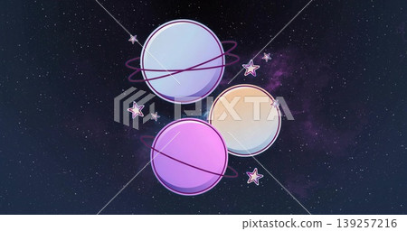 Floating three stylized pastel planets with rings in dark starry cosmic space, with pastel stars Floating three stylized pastel planets with rings in dark starry cosmic space, with pastel stars 139257216