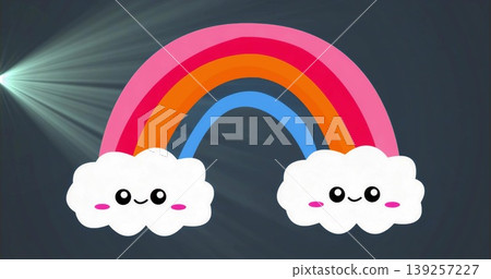 Displaying four-band rainbow and smiling clouds on dark canvas backdrop, with pale mint light beam Displaying four-band rainbow and smiling clouds on dark canvas backdrop, with pale mint light beam 139257227