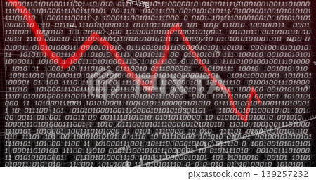 Displaying bold red zigzag arrow crossing grid of binary rows and columns, showing descending trend Displaying bold red zigzag arrow crossing grid of binary rows and columns, showing descending trend 139257232