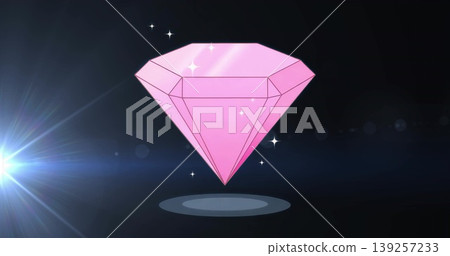 Floating faceted pink gem hovering above digital stage with circular shadow, sparkles, bluish flare Floating faceted pink gem hovering above digital stage with circular shadow, sparkles, bluish flare 139257233