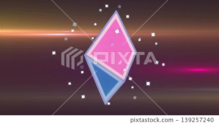 Floating pink and blue diamond icon shimmering over abstract color gradient, with glowing sparks Floating pink and blue diamond icon shimmering over abstract color gradient, with glowing sparks 139257240