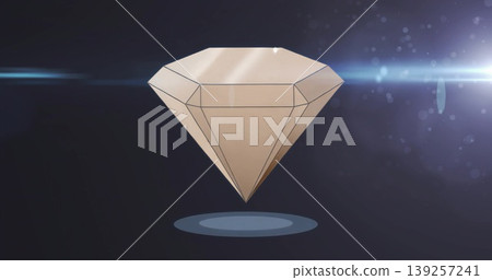 Floating faceted gem gliding over shadow platform in virtual space, with light streak and particles 139257241