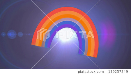 Glowing rainbow arch hovering on digital gradient backdrop, with bright light orb, lens flare rings Glowing rainbow arch hovering on digital gradient backdrop, with bright light orb, lens flare rings 139257249