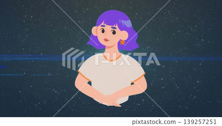 Floating cartoon female figure clasping waist in space, with white T-shirt and star-shaped earrings Floating cartoon female figure clasping waist in space, with white T-shirt and star-shaped earrings 139257251
