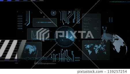 Displaying futuristic interface on control hub with radar dial, waveform monitor and code window Displaying futuristic interface on control hub with radar dial, waveform monitor and code window 139257254