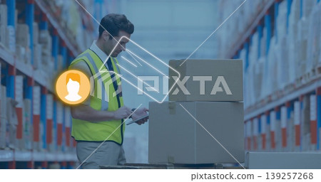 Scanning worker using tablet inspecting boxes on pallet between warehouse racks, with digital icons Scanning worker using tablet inspecting boxes on pallet between warehouse racks, with digital icons 139257268
