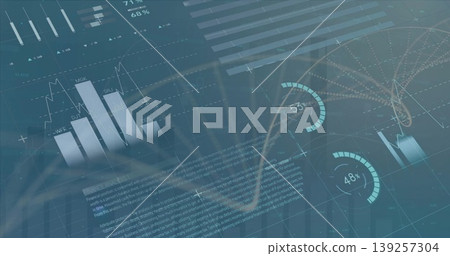Displaying dashboard showing bar and line charts on teal grid, network diagram and radial gauges Displaying dashboard showing bar and line charts on teal grid, network diagram and radial gauges 139257304