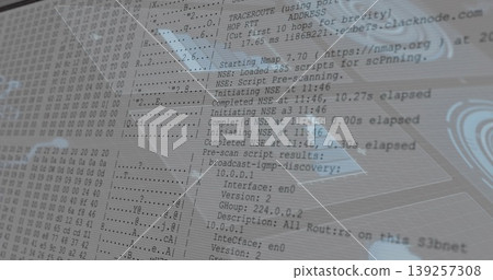 Displaying terminal window on computer monitor at workstation, with hex dump and Nmap scan logs 139257308
