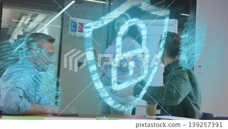 Three professionals collaborating on security in meeting room, with whiteboard and padlock icon 139257391