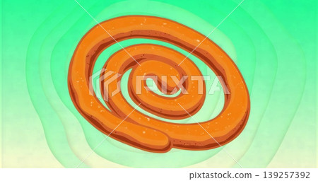 floating thick orange spiral tube forming coil against mint green gradient, with speckled texture floating thick orange spiral tube forming coil against mint green gradient, with speckled texture 139257392