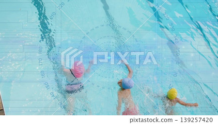 Swimming three children wearing bright swim caps slicing through pool water with digital overlay Swimming three children wearing bright swim caps slicing through pool water with digital overlay 139257420