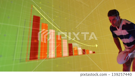 Data analyst in striped polo leaning toward bar chart on grid, with 3D-rendered bars, copy space Data analyst in striped polo leaning toward bar chart on grid, with 3D-rendered bars, copy space 139257440