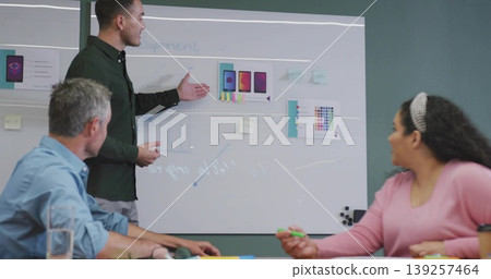 Presenting man explaining device mockups on whiteboard with sticky notes in meeting room, markers 139257464