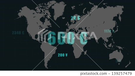 Displaying glowing teal 600 $ floating over gray world map on interface, with currency labels Displaying glowing teal 600 $ floating over gray world map on interface, with currency labels 139257479