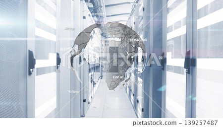 Floating 3D digital globe displaying data overlays in server room aisle, with racks, cable trays Floating 3D digital globe displaying data overlays in server room aisle, with racks, cable trays 139257487