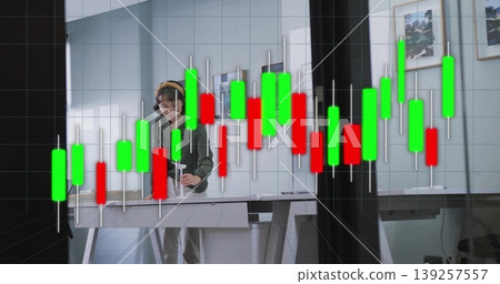 Cleaning woman wiping table in office, with candlestick chart overlay, spray bottle and cloth Cleaning woman wiping table in office, with candlestick chart overlay, spray bottle and cloth 139257557