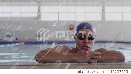 Leaning swimmer looking at floating binary digits across tiled pool deck, with swim cap and goggles Leaning swimmer looking at floating binary digits across tiled pool deck, with swim cap and goggles 139257565