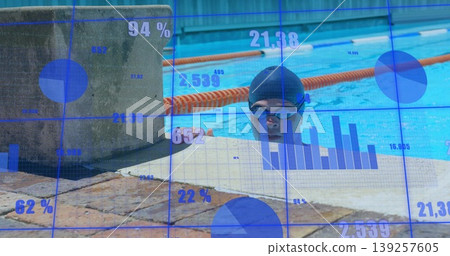 Emerging male swimmer gripping pool edge, black cap, orange lane ropes, chart overlays, copy space Emerging male swimmer gripping pool edge, black cap, orange lane ropes, chart overlays, copy space 139257605