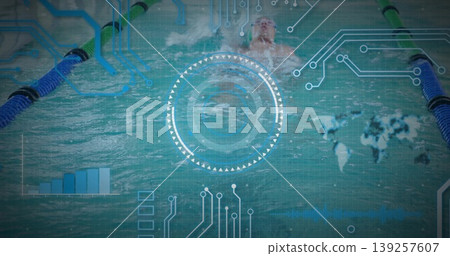 Swimming male athlete performing backstroke at pool, with lane ropes, swim cap and HUD graphics Swimming male athlete performing backstroke at pool, with lane ropes, swim cap and HUD graphics 139257607