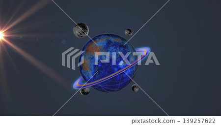 Depicting blue planet hovering in space with glowing purple ring, gridlines and orange accents Depicting blue planet hovering in space with glowing purple ring, gridlines and orange accents 139257622