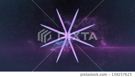 Floating central eight-pointed violet star-like emblem drifting in outer space, with nebula glow Floating central eight-pointed violet star-like emblem drifting in outer space, with nebula glow 139257625