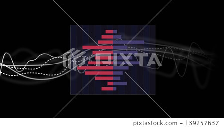 Displaying digital data visualization on black grid, with red-purple bars and white waveforms Displaying digital data visualization on black grid, with red-purple bars and white waveforms 139257637