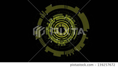Rotating circular interface pulsing in digital space, with rings, arcs, bars and glowing flares Rotating circular interface pulsing in digital space, with rings, arcs, bars and glowing flares 139257672
