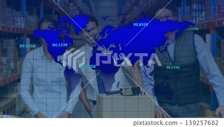 Supervising team scanning shipping box using label printer in warehouse, with world map overlay 139257682