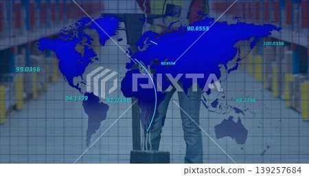 Standing woman in travel clothes holding tablet at airport corridor, with suitcase and map overlay 139257684