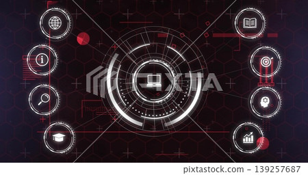Displaying laptop HUD featuring rings and indicators on red black hexagonal grid, with side icons Displaying laptop HUD featuring rings and indicators on red black hexagonal grid, with side icons 139257687