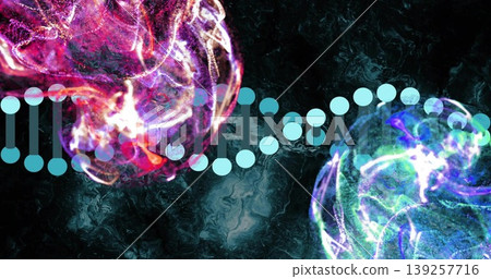 Displaying two glowing molecular spheres linking with stylized DNA helix in digital lab, neon Displaying two glowing molecular spheres linking with stylized DNA helix in digital lab, neon 139257716