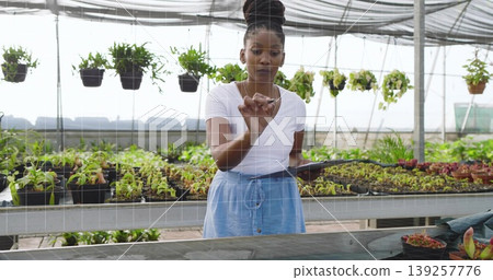 Pointing greenhouse worker tapping virtual display at potting bench, with tablet and seedling trays Pointing greenhouse worker tapping virtual display at potting bench, with tablet and seedling trays 139257776