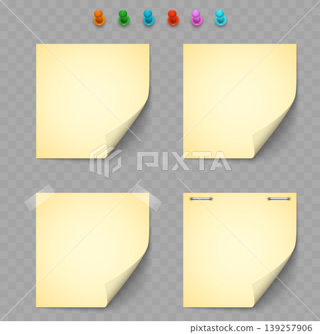 Realistic Yellow Sticky Note Mockup Set. Vector Blank Memo Paper with Curled Corners, Push Pins, Tape and Staples. Realistic Yellow Sticky Note Mockup Set. Vector Blank Memo Paper with Curled Corners, Push Pins, Tape and Staples. 139257906