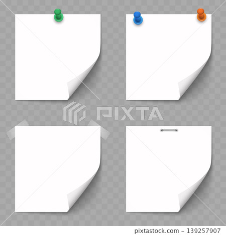Realistic White Paper Note Mockup Set. Vector Blank Memo Sheets with Curled Corners, Push Pins, Tape and Staple. Realistic White Paper Note Mockup Set. Vector Blank Memo Sheets with Curled Corners, Push Pins, Tape and Staple. 139257907