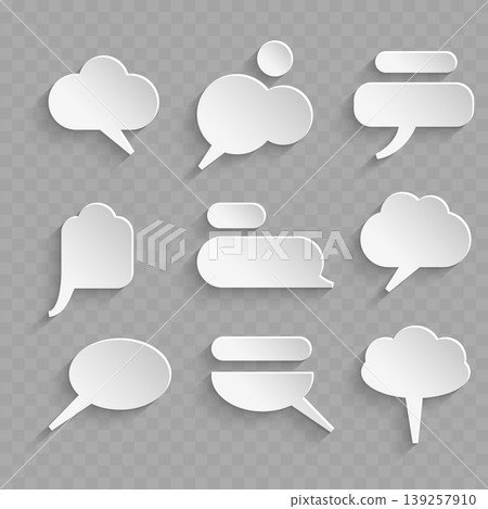 Realistic 3D Paper Cut Speech Bubble Set. Vector Blank White Chat Balloons and Thought Clouds with Shadow. 139257910