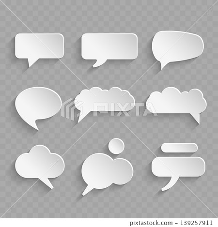 Realistic 3D Paper Cut Speech Bubble Set. Vector Blank White Chat Balloons and Thought Clouds with Shadow. 139257911