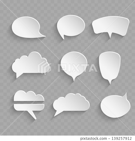 Realistic 3D Paper Cut Speech Bubble Set. Vector Blank White Chat Balloons and Thought Clouds with Shadow. 139257912
