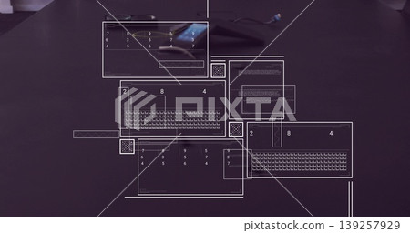 Displaying dark workstation desk featuring smartphone, loose cable connector, and wireframe panels Displaying dark workstation desk featuring smartphone, loose cable connector, and wireframe panels 139257929