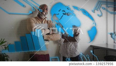 Standing two colleagues crossing arms in modern office, with digital hologram overlays 139257956
