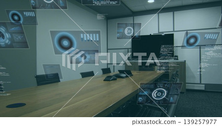 Displaying conference table with open laptop and speakerphone in boardroom, with holographic UI 139257977
