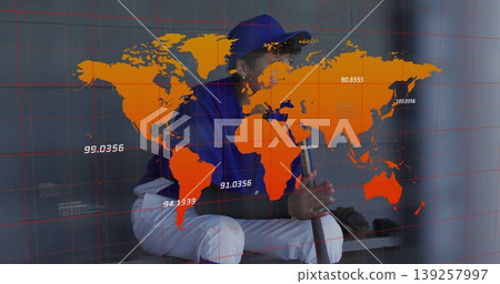 Player wearing batting uniform gripping bat on dugout bench with glove, showing orange map overlay Player wearing batting uniform gripping bat on dugout bench with glove, showing orange map overlay 139257997