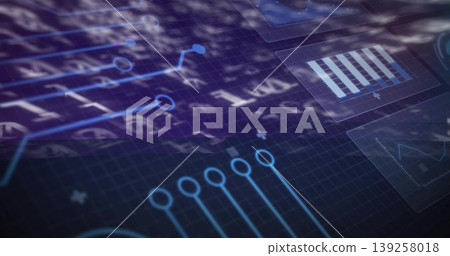 Displaying interface overlay in dashboard, with grid and circuit nodes, translucent panels Displaying interface overlay in dashboard, with grid and circuit nodes, translucent panels 139258018