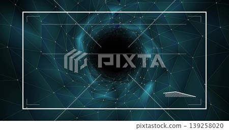 Rendering vortex in virtual tunnel, with glowing mesh nodes, white HUD corner markers and bar graph Rendering vortex in virtual tunnel, with glowing mesh nodes, white HUD corner markers and bar graph 139258020