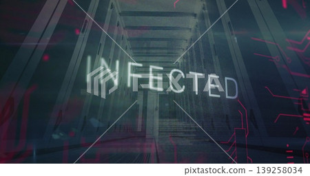 Glowing INFECTED text floating inside data center corridor, with server racks and glitch circuits Glowing INFECTED text floating inside data center corridor, with server racks and glitch circuits 139258034